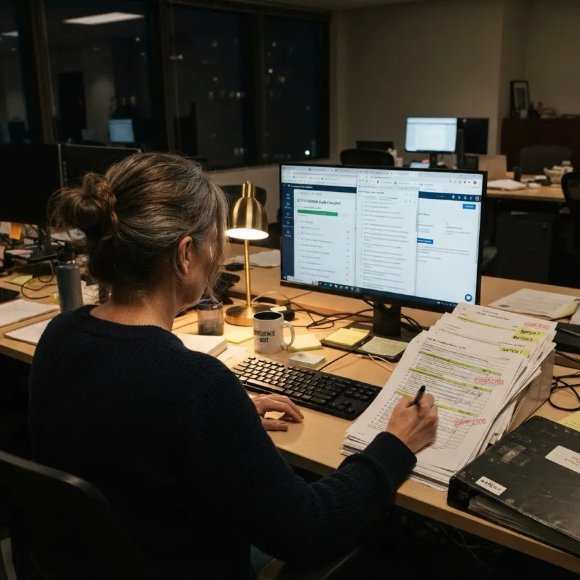 A woman working late at a desk, checking a stack of paper forms against a screen