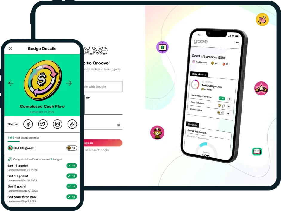 Groove on a tablet and a phone: the sign-in screen, the home dashboard and a completed badge