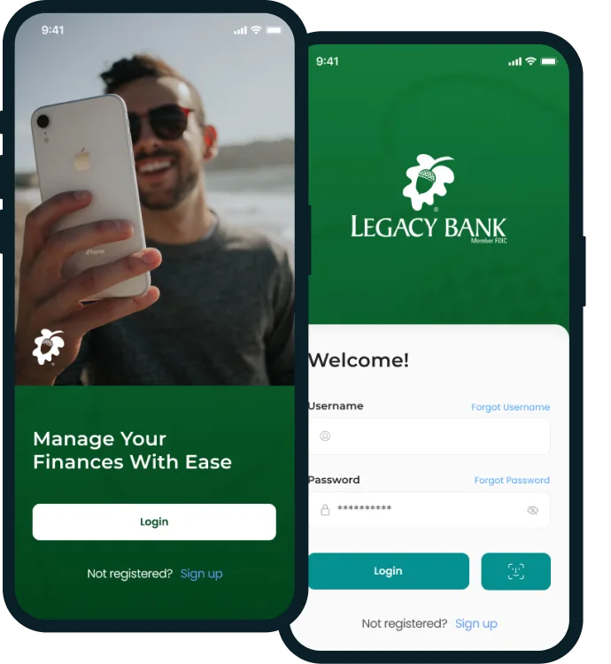 Two phones showing the Legacy Bank app: the welcome screen and the login form