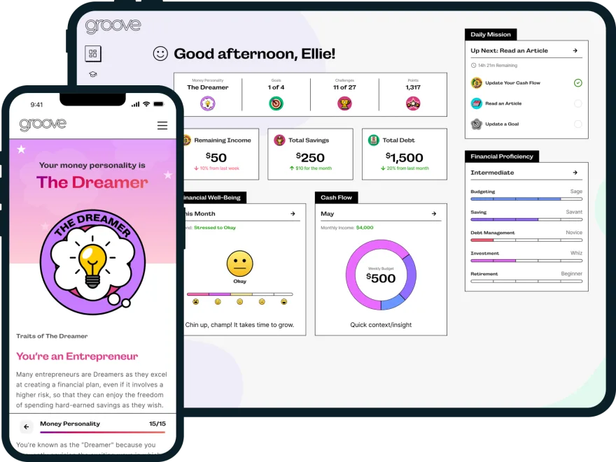 Groove on a tablet and a phone: the home dashboard and a Money Personality result, "The Dreamer"