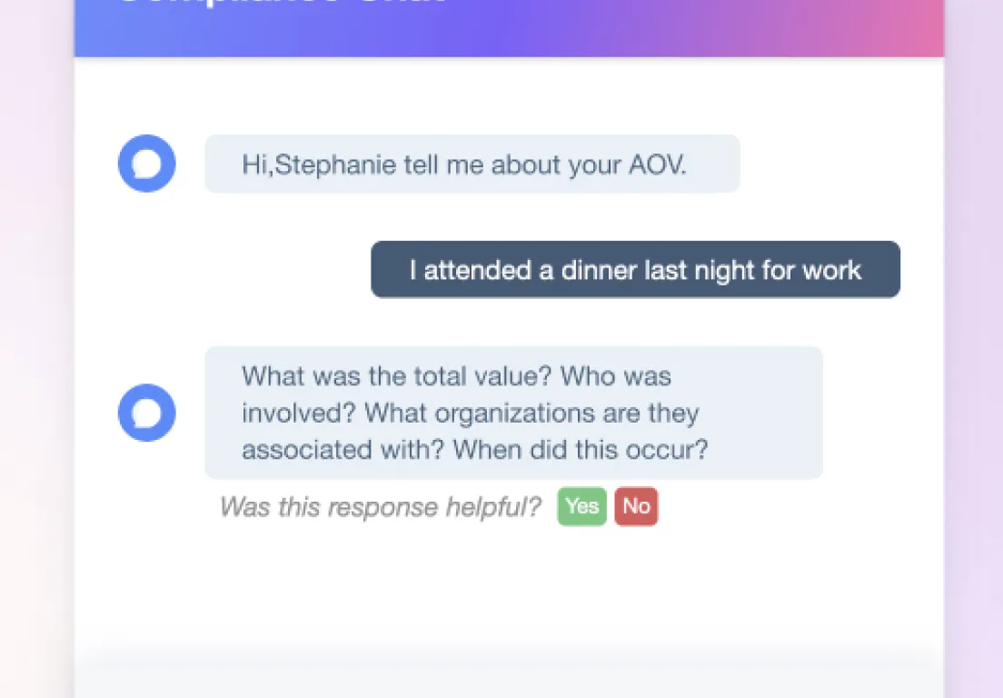 A compliance chat assistant asking follow-up questions about a work dinner