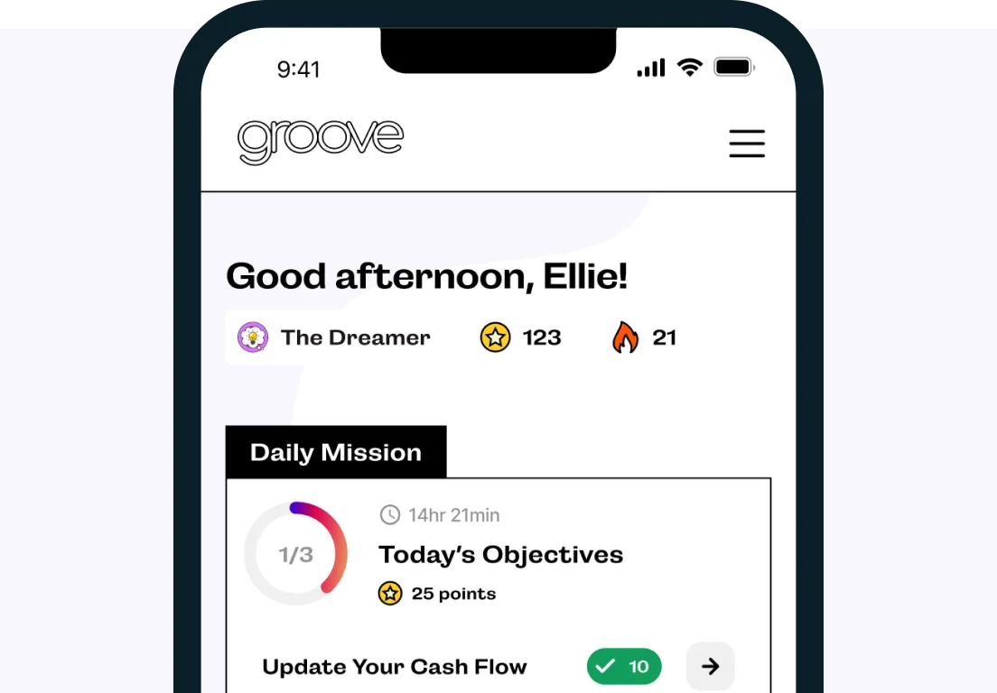 A phone showing the Groove app's daily mission and objectives screen