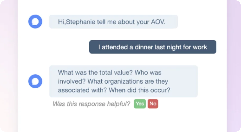 The AOV assistant asking follow-up questions after an employee reports attending a dinner for work