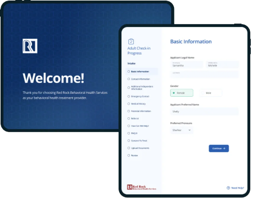 Two tablets running Red Rock intake: the welcome screen and the Basic Information form