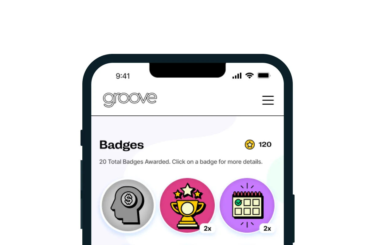 The Groove badges screen on a phone, showing 20 badges awarded