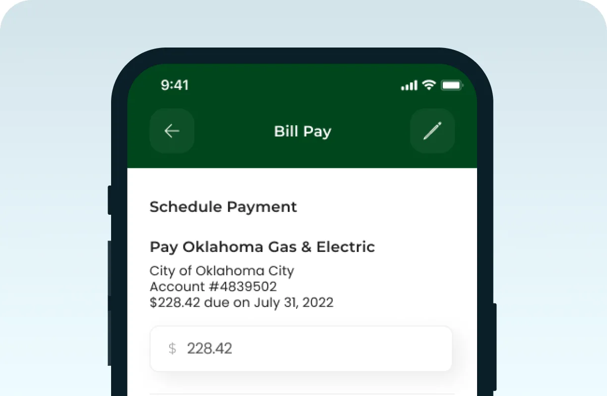 The Legacy Bank app's Bill Pay screen on a phone, scheduling a utility payment