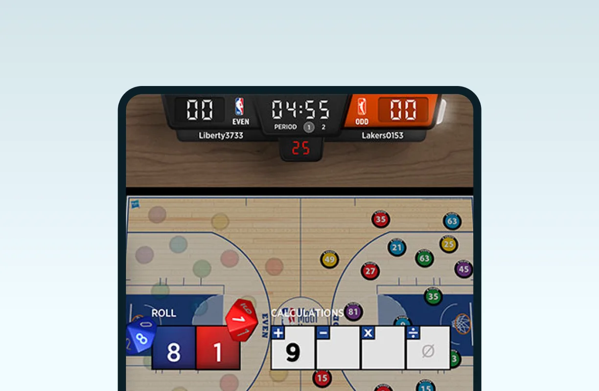 NBA Math Hoops on a tablet, a player rolling an eight and a one and entering the sum in the calculations row