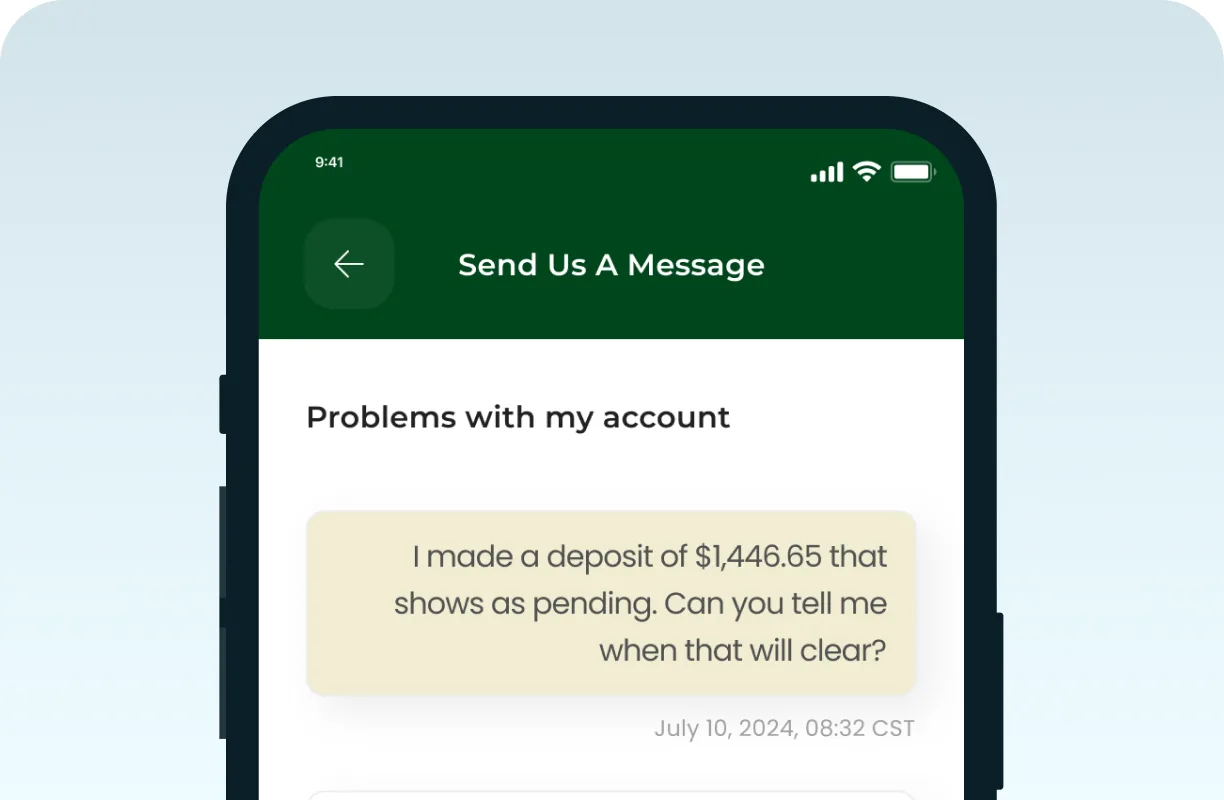 The Legacy Bank app's support chat on a phone, with a customer question about a pending deposit