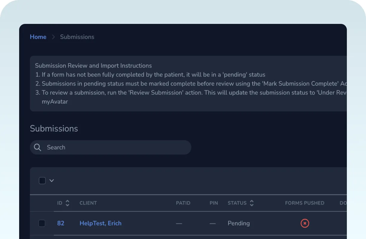 The Red Rock submissions list, with instructions for reviewing and importing each one into myAvatar