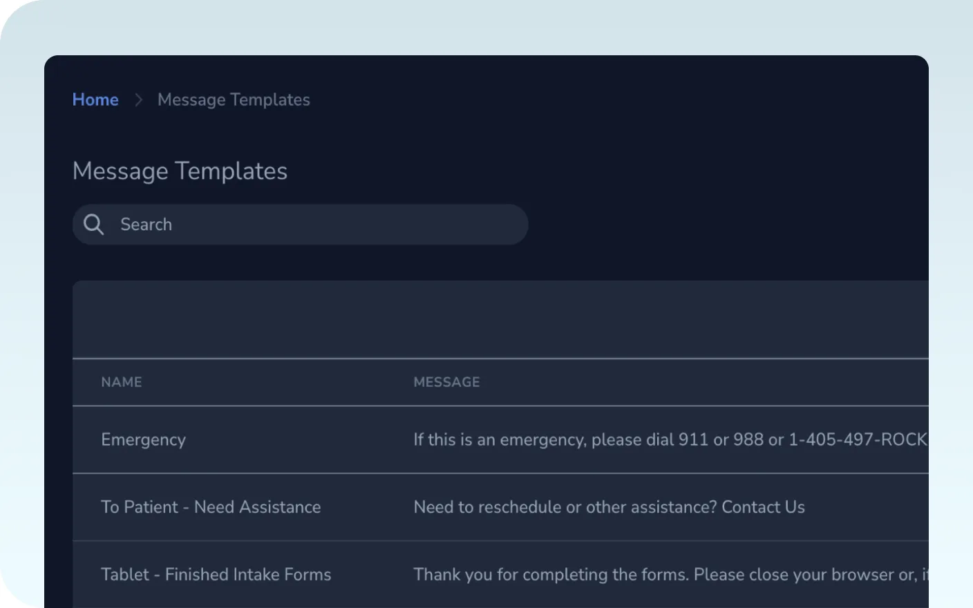 The Red Rock message templates list, including emergency and appointment messages