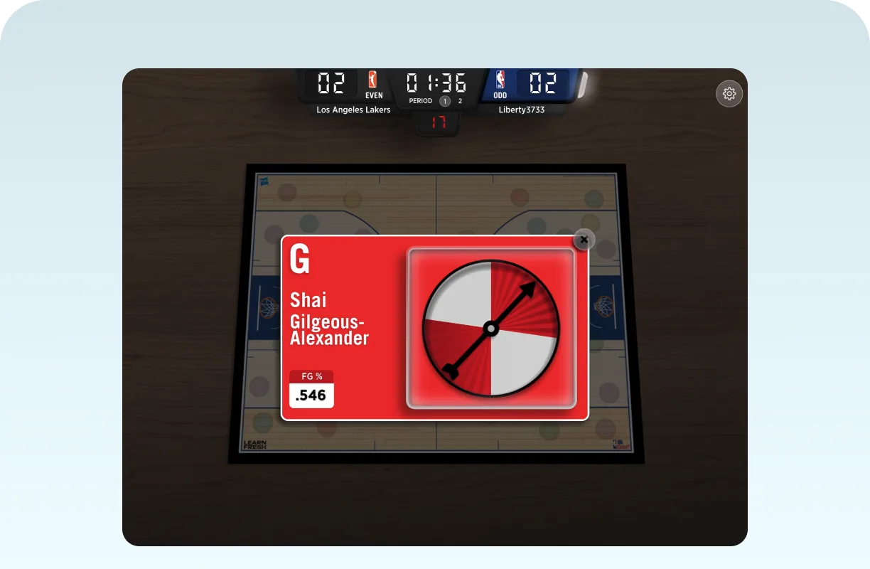 The NBA Math Hoops spinner landing on a Shai Gilgeous-Alexander field-goal stat