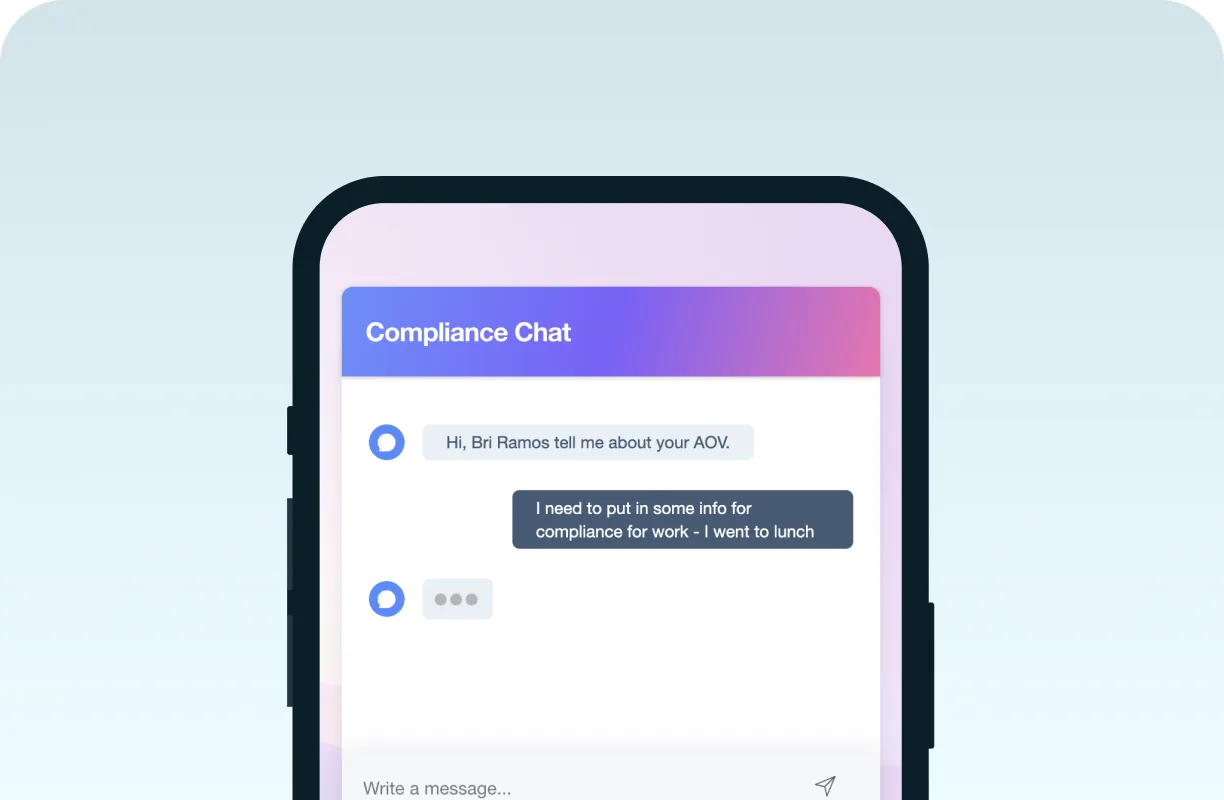 The AOV compliance chat on a phone, with an employee reporting a work lunch
