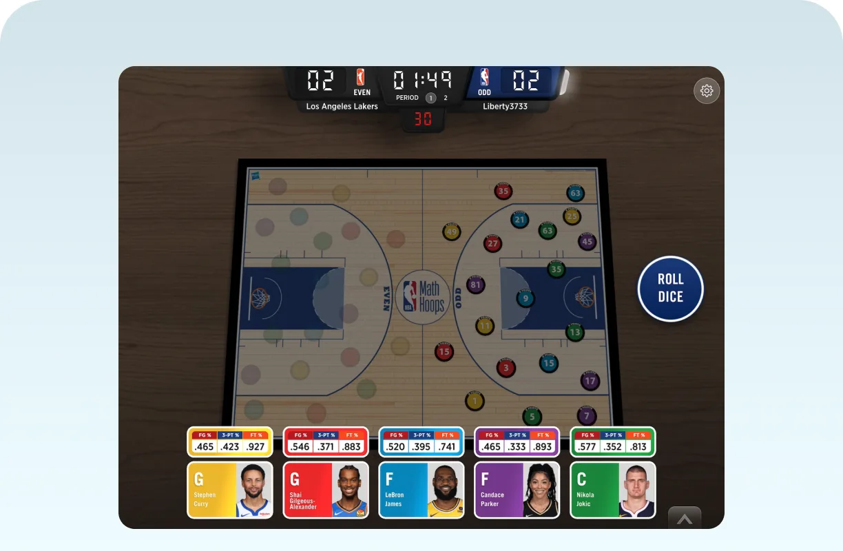 An NBA Math Hoops game on the court board, with the scoreboard and each player's live shooting stats