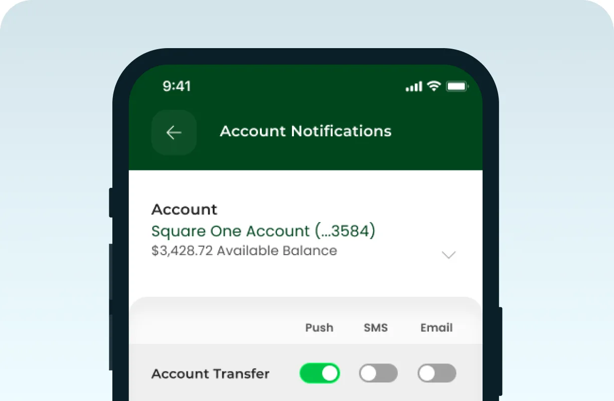 The Legacy Bank app's account notification settings on a phone, with push, SMS and email toggles