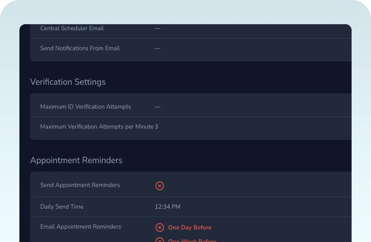 The Red Rock notification settings, with verification limits and appointment reminder schedules