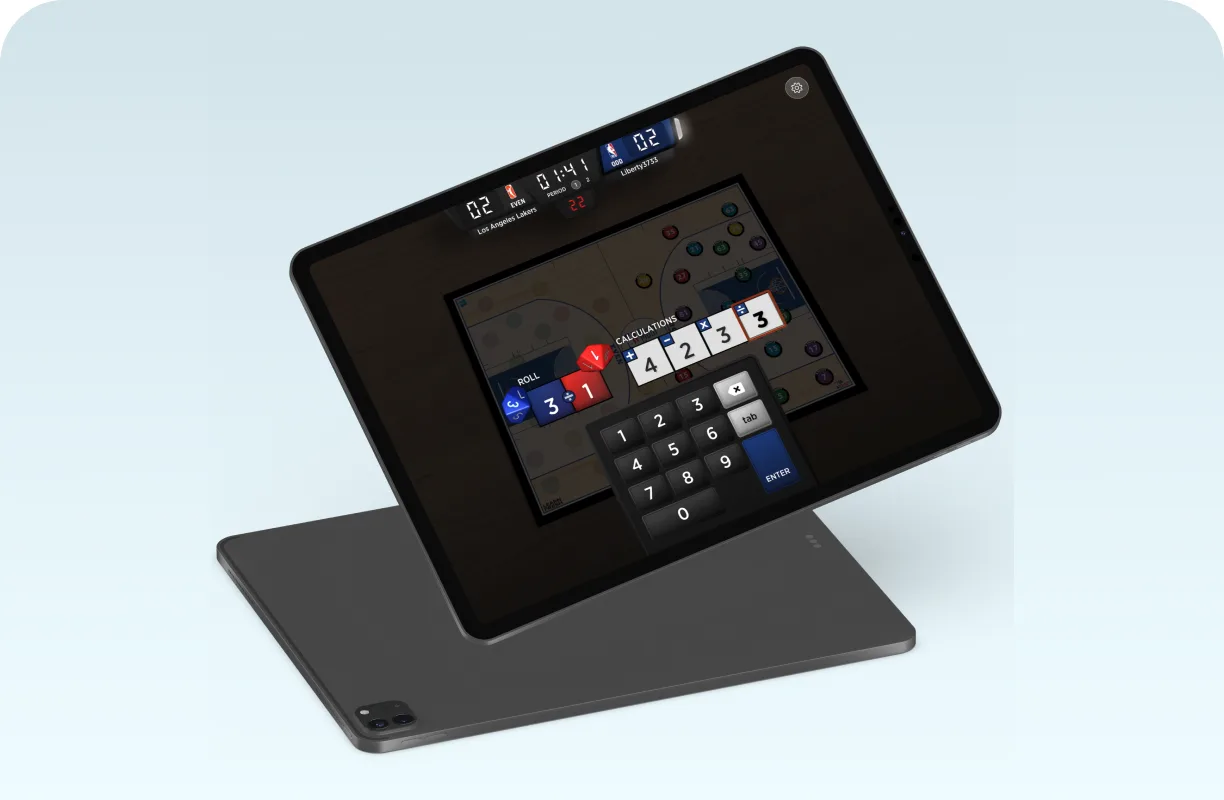 NBA Math Hoops on an iPad, a player entering their answer on the number pad mid-game
