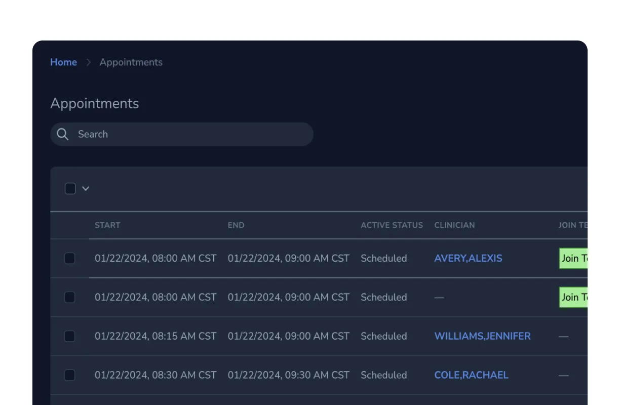 The Red Rock appointments list, each scheduled appointment with a Join Teams button