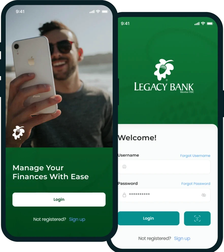 Two phones showing the Legacy Bank app's home and login screens