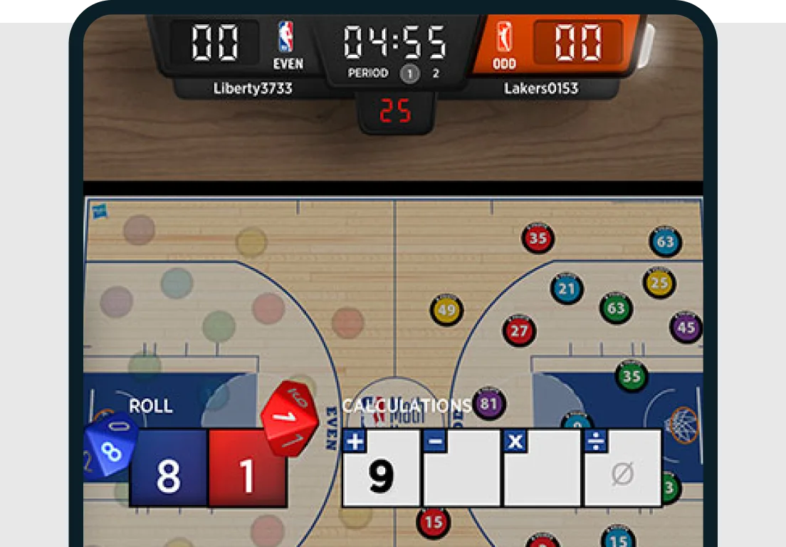 A tablet showing the NBA Math Hoops game board mid-play