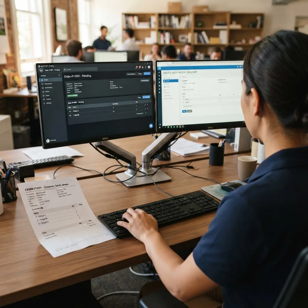 A person at a desk typing an order from one screen into another