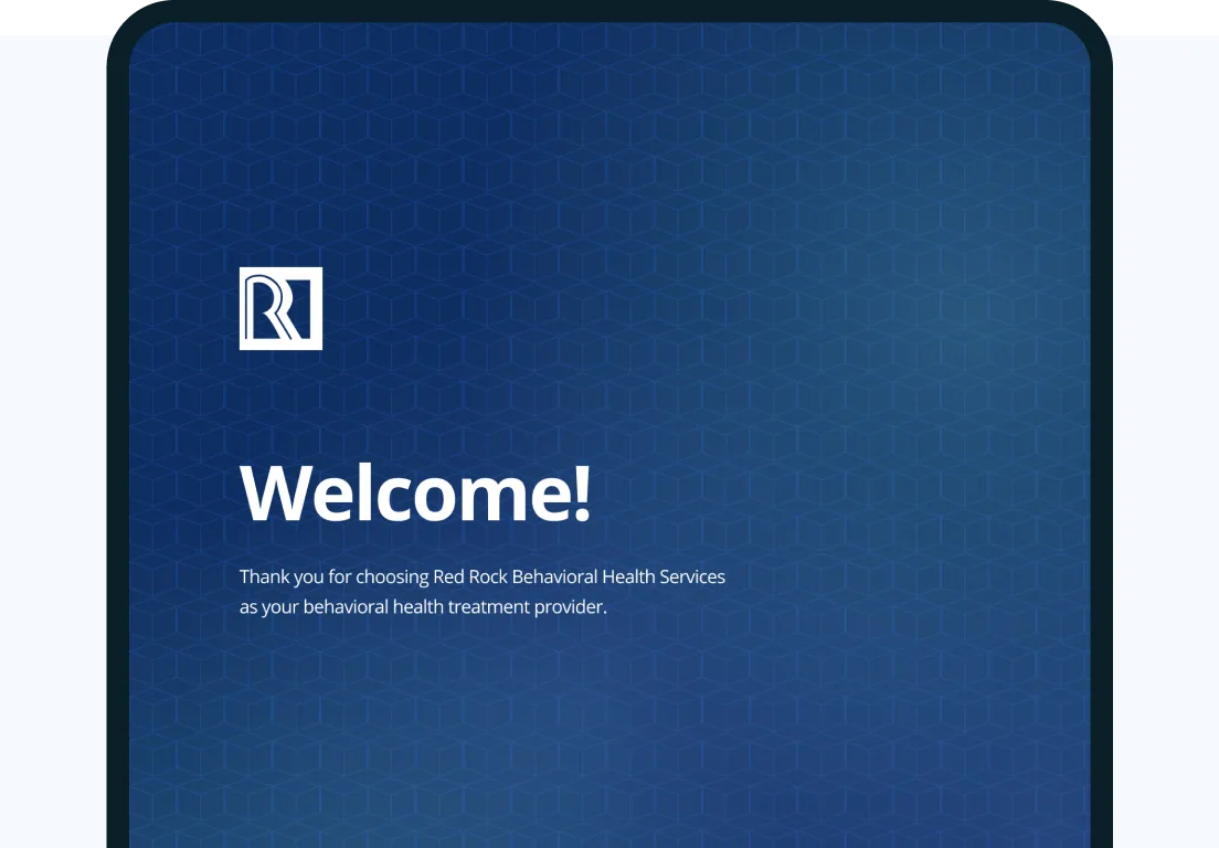 A tablet showing the Red Rock patient intake welcome screen