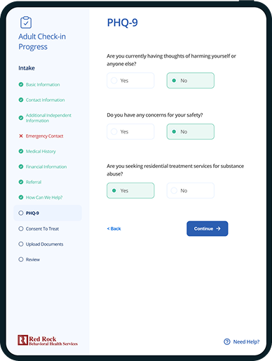 A tablet showing the Red Rock patient intake form beside a confirmation screen