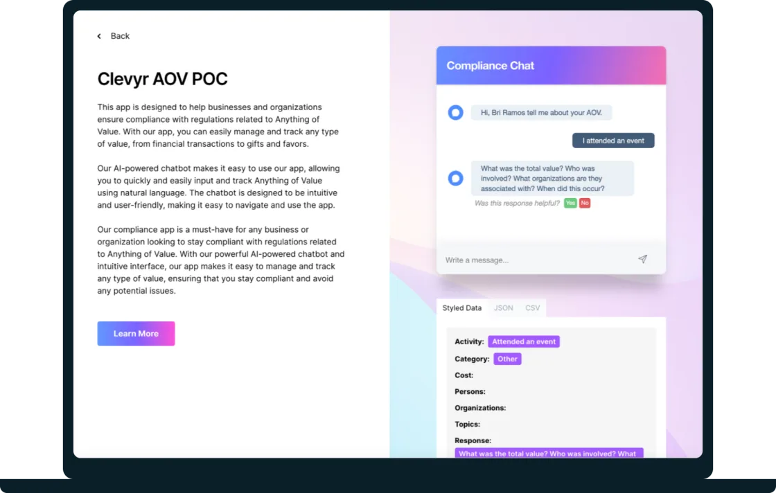 The AOV proof of concept on a laptop, with the compliance chat beside the structured record it fills in