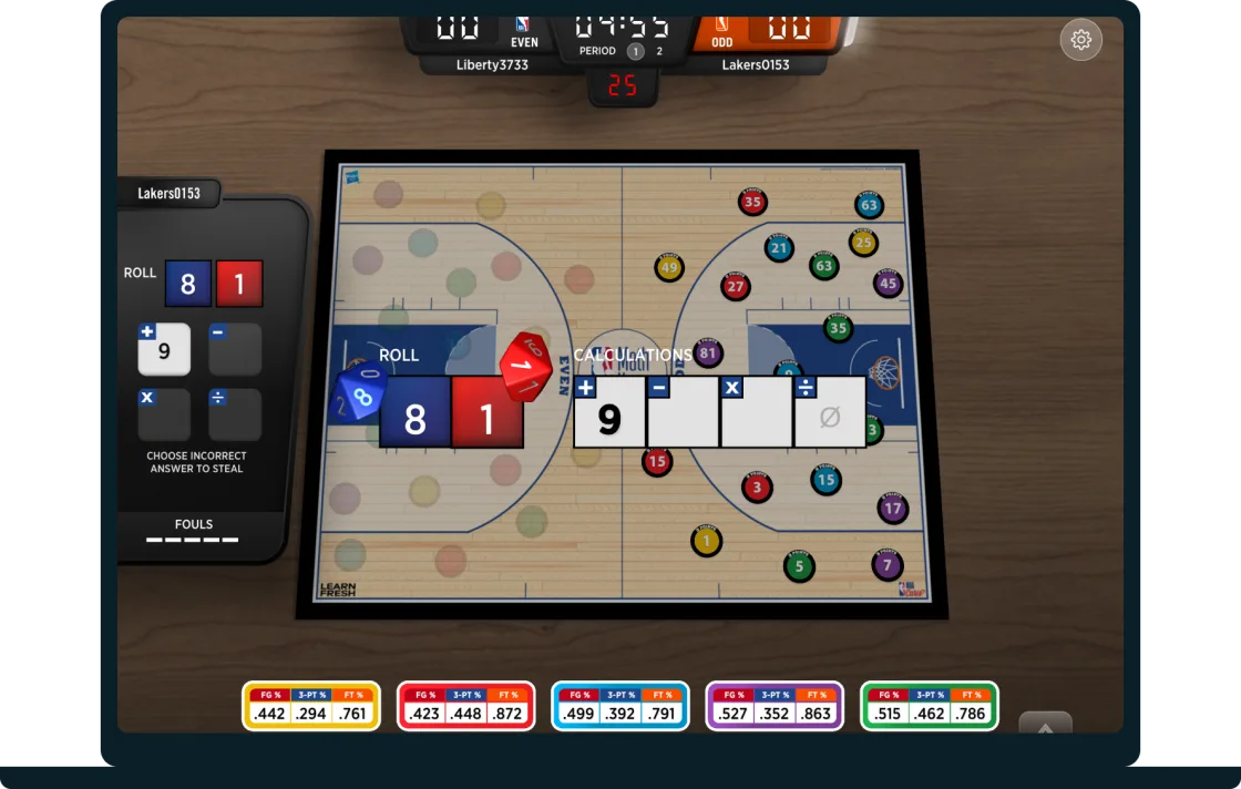 NBA Math Hoops on a laptop, mid-game on the court board with a dice roll and the scoreboard