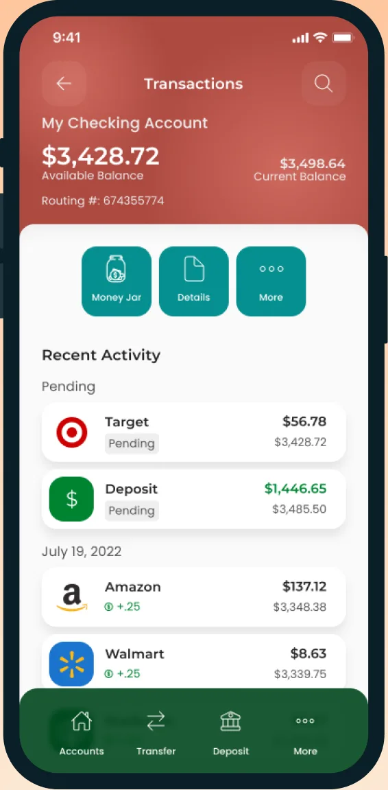 The Legacy Bank app's checking account screen on a phone, with balance and recent activity