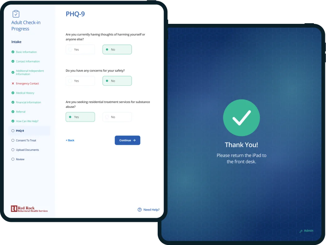 Two tablets running Red Rock intake: a PHQ-9 screening question and the "Thank you" screen asking the patient to return the iPad