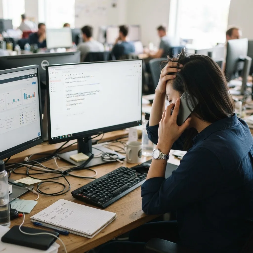 A woman at a crowded desk with her head in her hand, on the phone beside a monitor
