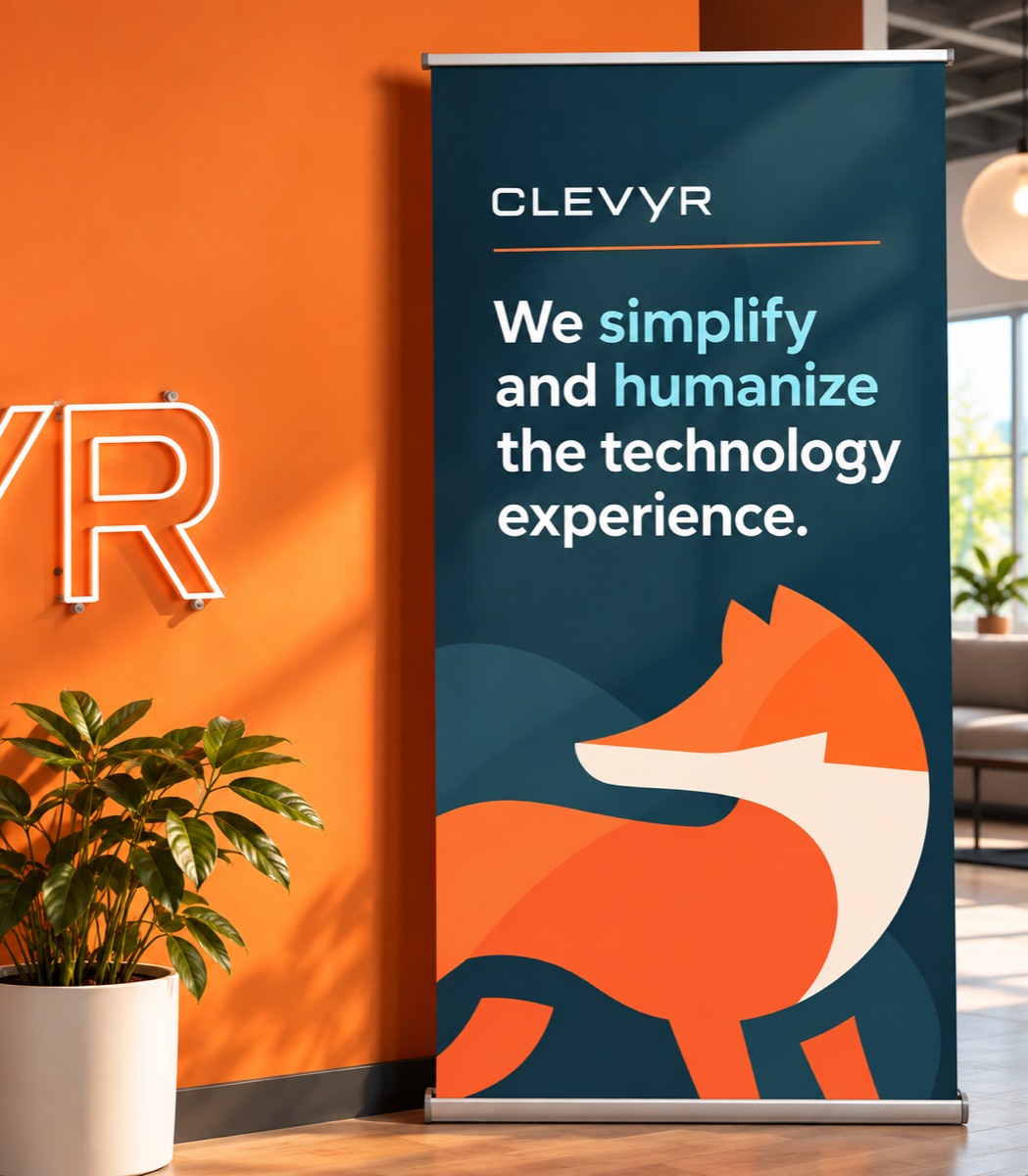 The Clevyr banner and neon sign in the Oklahoma City office